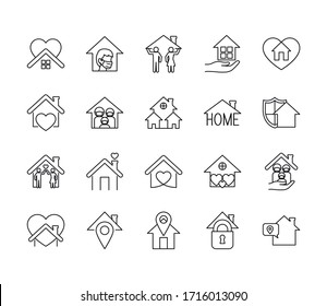 location pin and stay home icon set over white background, line style, vector illustration