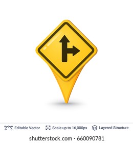 Location pin symbol in shape of road sign. Vector icon.
