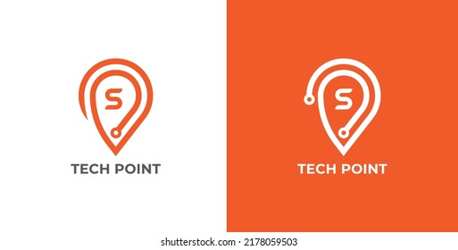 Location Pin Tech Logo Concept sign icon symbol Design with Letter S. Tech Point Logo Design. Vector illustration logo template