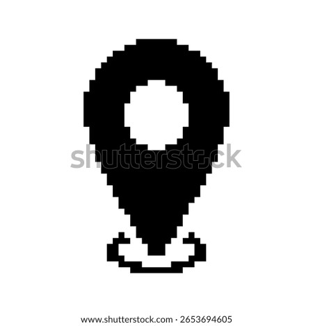 Location Pin templates in pixel art style. Black solid map pointer icon with base. GPS, navigation, labels. Isolated on white background.