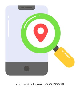 Pin de ubicación bajo el lupa con el móvil, vector de búsqueda de ubicación