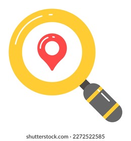 Pin de ubicación bajo el lupa, vector de búsqueda de ubicación en estilo de moda