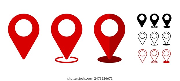 Vector de pines de Locación, GPS, marcador de posición de mapa, diseño plano y Elementos de contorno, rojo, negro (editable)