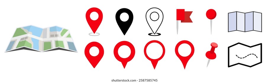 Location Pin Vector, GPS, Map Position Marker, Flat design and Outline elements, Red, Black