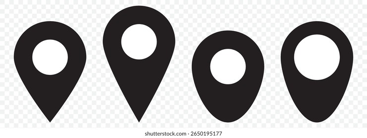 Location Pin Vector, GPS, Map Position Marker, Flat design and Outline elements Black Editable on Transparent Background. EPS 10.