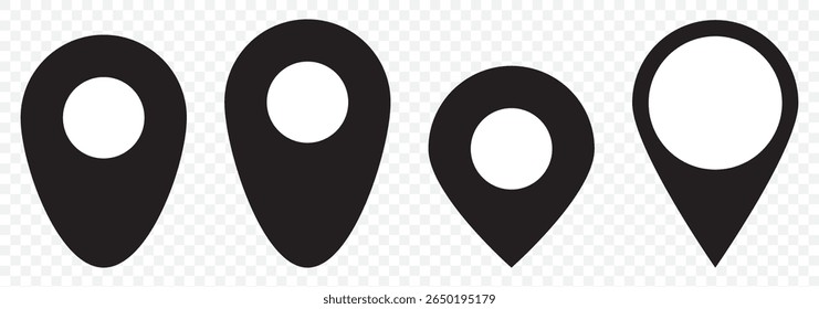 Location Pin Vector, GPS, Map Position Marker, Flat design and Outline elements Black Editable on Transparent Background. EPS 10.