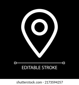 Location pin white linear ui icon for dark theme. Navigation marker. Direction point. Vector line pictogram. Isolated user interface symbol for night mode. Editable stroke. Arial font used