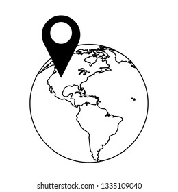 location pin in world globe in black and white