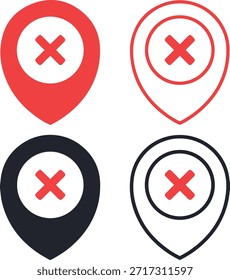 pin de localização com x mark icon set, símbolos de posição incorreta ou cancelamento de destino de vetor plano