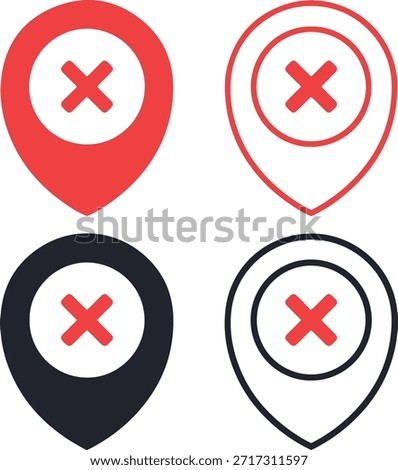 location pin with x mark icon set, flat vector destination cancel or wrong position symbols