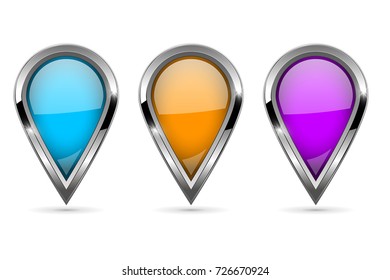 Location pins with bold chrome frame. 3d shiny icons. Vector illustration isolated on white background