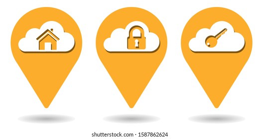 Location pins for cloud computing. Smart home, cloud security and password 