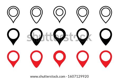 Location Pins collection. Set of Map Pins different shape and design. Tags symbol. Red and Black Pointers gps, isolated on white background. Pin vector icons. Vector illustration