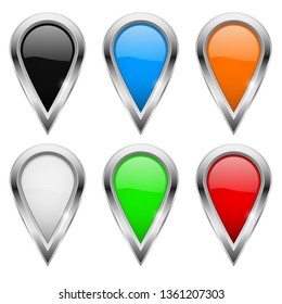 Location pins. Colored icons with metal frame. Vector 3d illustration isolated on white background