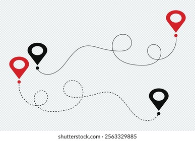 Location pins and connecting paths. Journey or route concept of start point and end point dash line.