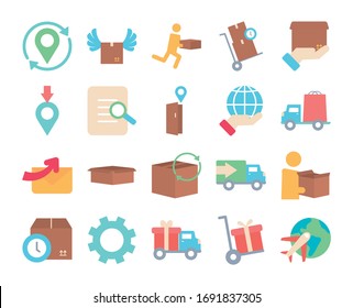 location pins and fast delivery icon set over white background, flat style, vector illustration