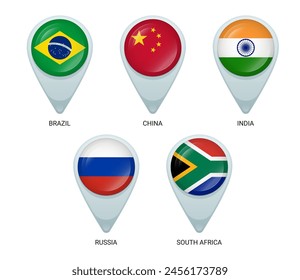 Location pins with flags of BRICS member countries.