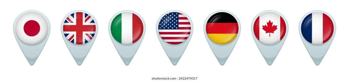 Location pins with flags of G7 members. 