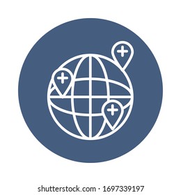 location pins global sphere icon over white background, block style, vector illustration