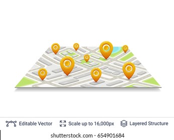 Location pins on city plan. Map navigation elements. Vector icons east to edit.