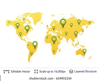 Location pins on world map. Travel or corporation extension concept. Vector elements easy to edit.