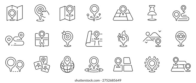 Location pins outline icon set: editable stroke thin line style for maps and navigation