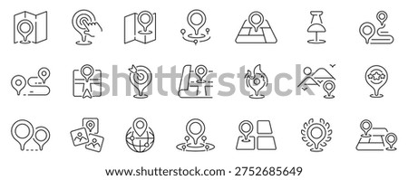 Location pins outline icon set: editable stroke thin line style for maps and navigation