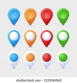 Location pins set. Marker 3D. Map pointer pin vector set isolated. Web location point, pointer 3d arrow mark.