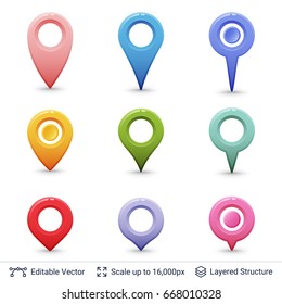 Location pins set. Vector symbols isolated on white. Easy to edit icons collection.
