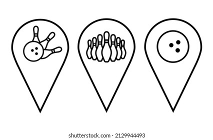 Location Pins Sign. Set of Marker Point on Map, Place Location Pictogram. Pointer Navigation Symbol. Location icons with bowling ball, skittles. Isolated Vector Illustration