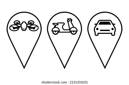 Location Pins Sign. Set of Marker Point on Map, Place Location Pictogram. Pointer Navigation Symbol. GPS Tag Collection. Pins with the image of transport, cargo transportation, travel. Vector