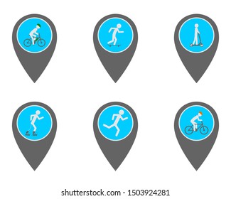 Location pins with symbols of travel