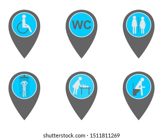 Location pins with symbols for washroom