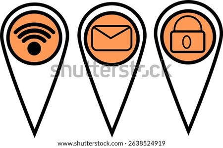 Location pins with wifi, email, and lock symbols