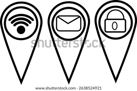 Location pins with wifi, email, and lock symbols
