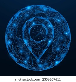 The location point in the center of the sphere. Polygonal design of lines and dots. Blue background.