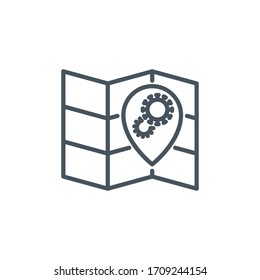 location point coronavirus outbreak on map single line icon isolated on white. Perfect outline symbol Coronavirus Covid 19 pandemic banner. Quality design element with editable Stroke line thickness