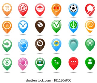 Logo des Location Point. Set von Pin-Map-Zeigern mit hellen modernen Dreieck-Mustern. Symbole zur Standortgrafik. Vektorgrafik