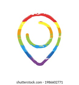 Location point, map marker, simple pin icon. Drawing sign with LGBT style, seven colors of rainbow (red, orange, yellow, green, blue, indigo, violet