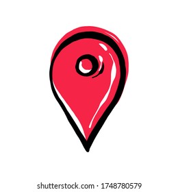 Lugar punto rojo estilo doodle dibujado a mano. Esbozo aislado en un fondo blanco. Ilustración del vector