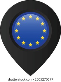 Location pointer with the flag of European Union on it. Black location pin on transparent background