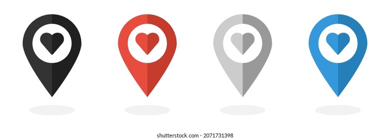 Location pointer with heart icon set. Vector isolated illustration. Map pin. GPS marker symbol with hearts. EPS 10. 