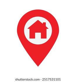 Puntero de Locación con un ícono de la casa en él. Marcador rojo del mapa aislado en el fondo blanco. Icono de Vector para App, interfaz de usuario o Diseño web