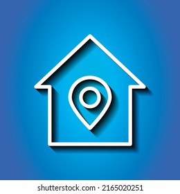 Location pointer, house simple icon vector. Flat design. White icon with shadow on blue background.ai