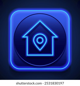 Location pointer, house simple icon vector. Flat design. Blue neon style on button. With shadow.ai