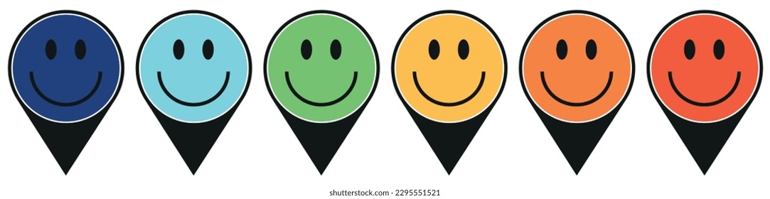 Location pointer icon set with a smile . Map pins set, smile. Location symbols collection. GPS navigation pointer. Navigation concept. Geolocation signs set. Geotargeting pin. Vector graphic. EPS 10