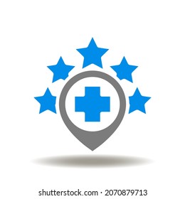 Location pointer with medical or pharmacy cross and five stars vector illustration. Patient satisfaction icon. Medicine client feedback about clinic symbol. Review hospital or pharmacy service sign.