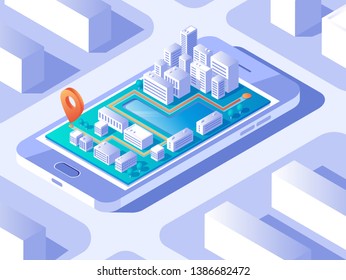 Location pointer on smartphone screen map. GPS navigation concept. Isometric vector illustration. The mobile application creates a route for moving around the city.