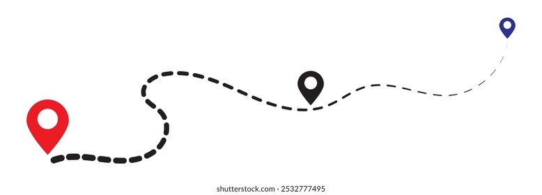 Location pointer. Picnic, travel route icon line style. Dashed line route. Roadmap paths for infographic. 