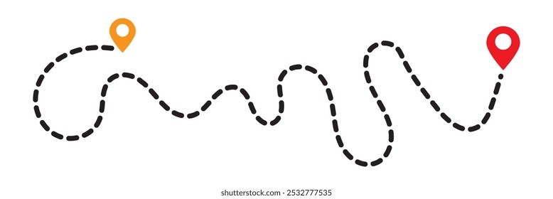 Location pointer. Picnic, travel route icon line style. Dashed line route. Roadmap paths for infographic. 